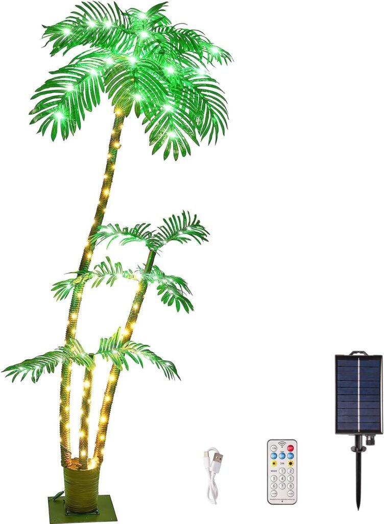 Lighted Palm Tree, 7FT Palm Trees for Outside Patio, Christmas Palm Tree Decor, Waterproof＆Windproof Solar Light Up Tree, Artificial Lighted Palm Tree Party Decorations for Outside Indoor Patio Decor