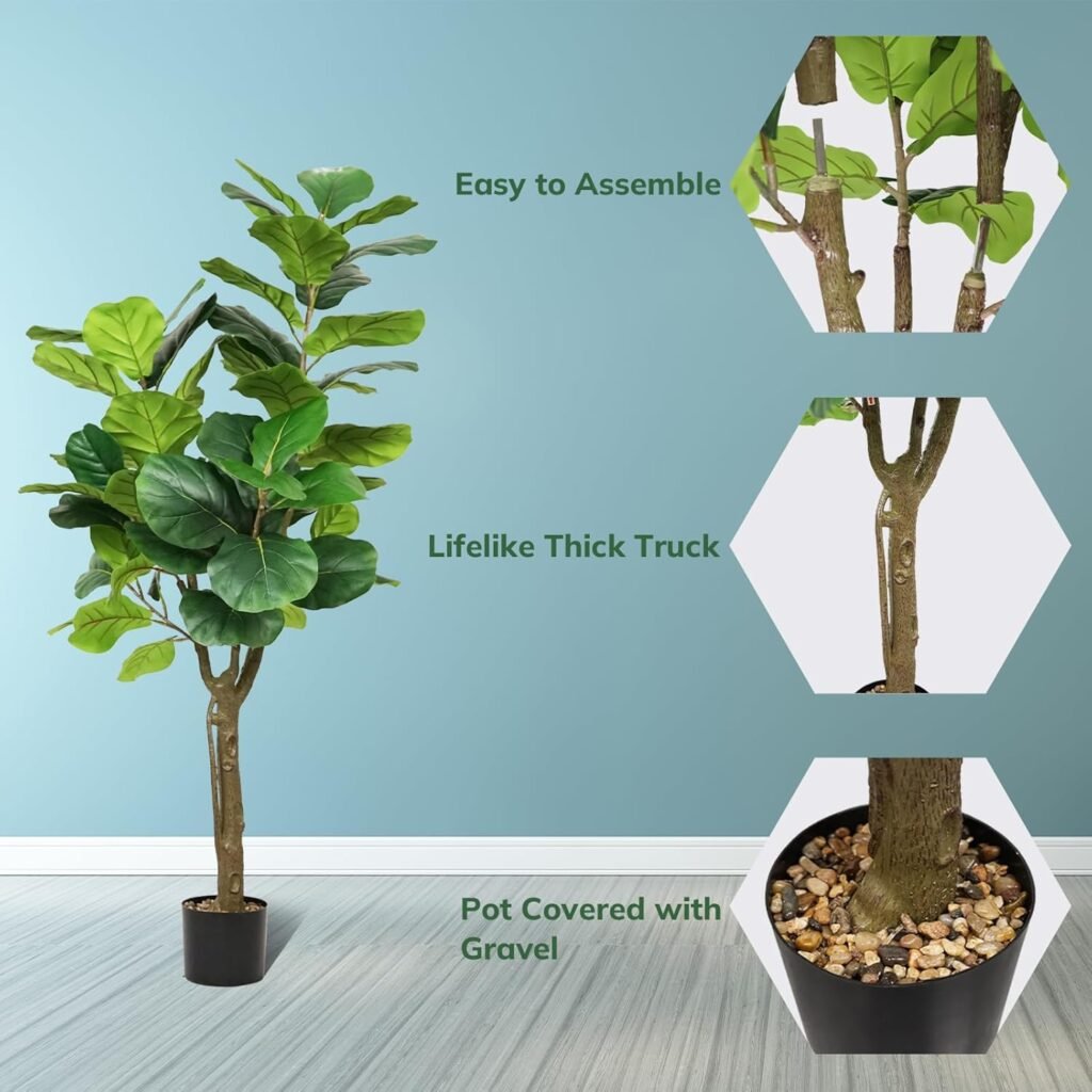 Fiddle Leaf Fig Tree Faux Plant Indoor, 5ft Faux Ficus Lyrata with 60 Leaves Fake Fig Tree for Home Decor Artificial Plant for Living Room House Office Housewarming Gift