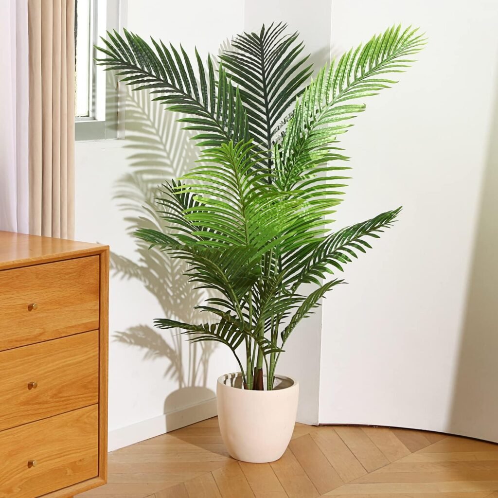 Fopamtri Artificial Areca Palm Plant 4.6 Feet Fake Palm Tree with 15 Trunks Faux Tree for Indoor Outdoor Modern Decor Feaux Dypsis Lutescens Plants in Pot for Home Office Housewarming Gift, 2 Pack