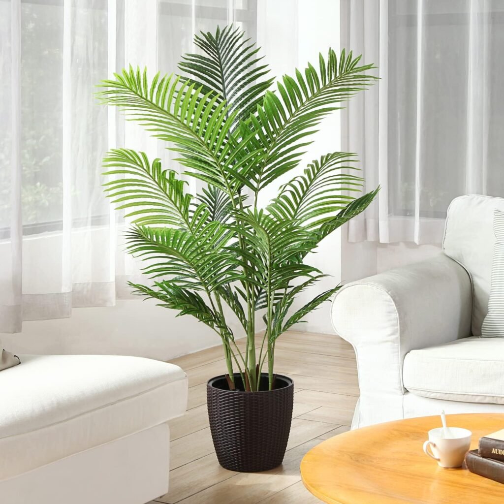 Fopamtri Artificial Areca Palm Plant 4.6 Feet Fake Palm Tree with 15 Trunks Faux Tree for Indoor Outdoor Modern Decor Feaux Dypsis Lutescens Plants in Pot for Home Office Housewarming Gift, 2 Pack